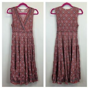 Max Studio Coral Red and Black Patterned Maxi Dress Size M Boho Travel Resort